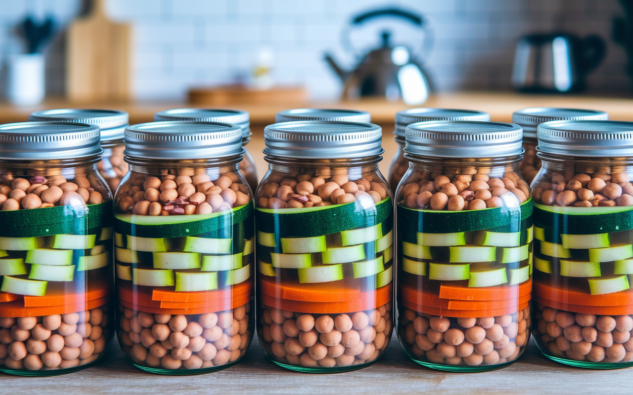 A collection of colorful mason jars filled with layered ingredients for soup: vibrant vegetables like spinach, carrots, and zucchini, topped with pre-cooked beans and broth. Each jar is sealed tight, illustrating the convenience of a grab-and-go meal. A cozy kitchen background with a wooden table and a kettle can be seen, bringing warmth to the scene.