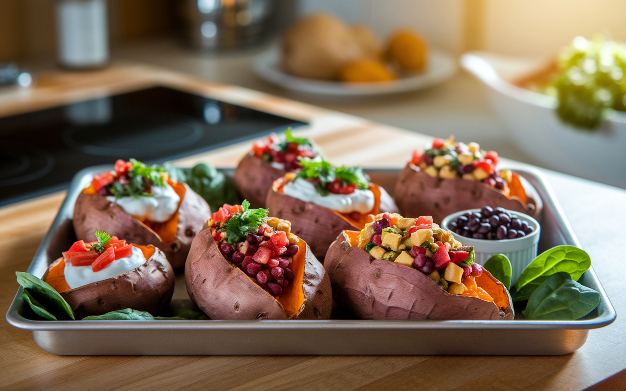 A tray filled with freshly baked sweet potatoes, their skins perfectly crisped, placed beside a variety of healthy toppings including Greek yogurt, salsa, black beans, and spinach. The warm golden glow of the kitchen surrounds the dish, creating a comforting and healthy presentation. The scene conveys a wholesome, nourishing meal that is easy to prepare and enjoy.