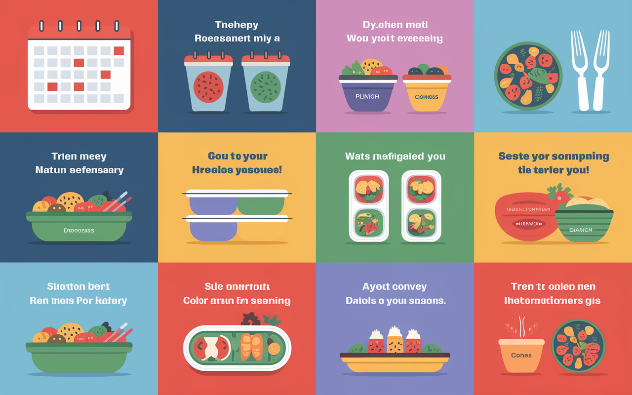 An infographic displaying clever meal prep tips in sections, including visual elements like calendars for planning, containers for efficient storage, and images of meal prepping in action. The design is fresh and engaging, using bright colors to convey a sense of positivity and health. Each tip is paired with an illustrative icon enhancing the informative content.