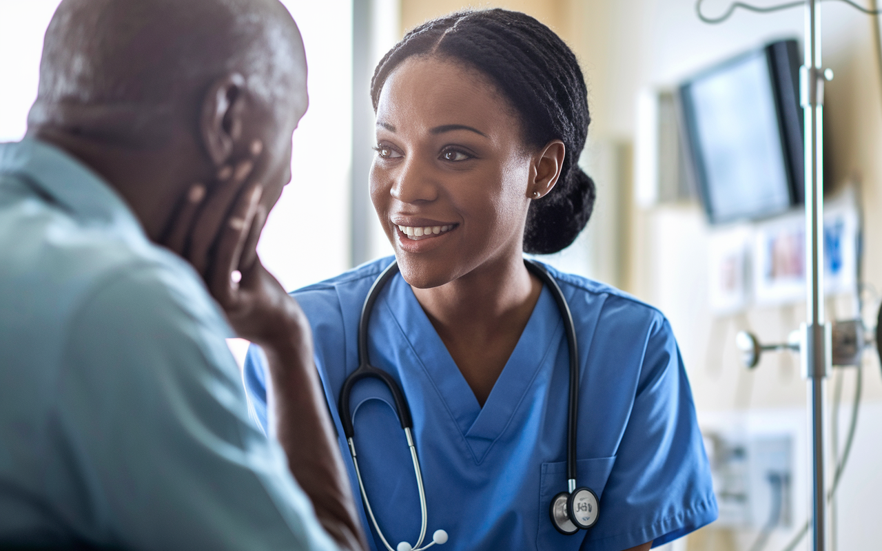 A close-up scene of a medical resident engaging in active listening with a patient, showcasing warmth and empathy. The resident's blue scrubs contrast with the soft hospital environment filled with natural light. The patient, an older man, expresses concern, and the resident nods with understanding, her posture open and encouraging. Medical tools and charts are visible nearby, emphasizing the context of their interaction. This intimate moment captures the essence of communication and trust between healthcare providers and patients.