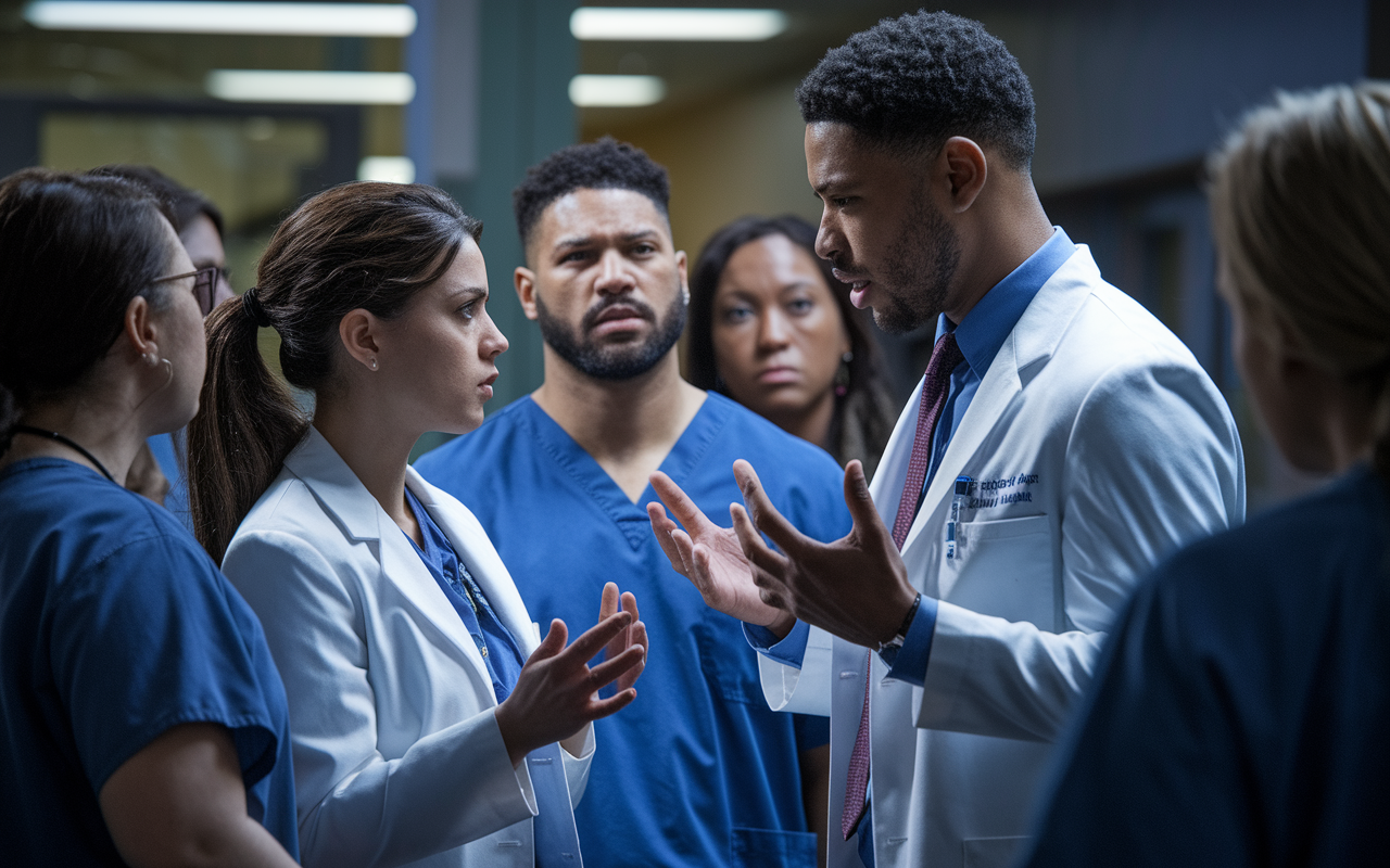 A dramatic scene in a hospital setting where two medical residents are engaged in a tense dialogue, with visible body language signifying conflict. The female resident appears frustrated, while the male resident is open but assertive. Around them, colleagues observe, conveying a sense of urgency and concern. The soft, ambient lighting reflects the seriousness of the conversation, enhancing the emotional tension. This scene captures the real struggles of communication in the high-pressure environment of residency.