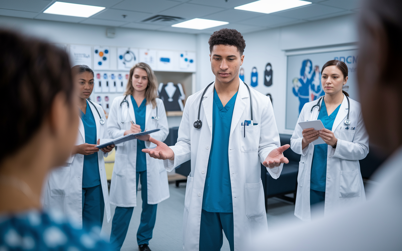 An educational scene in a hospital training room where a group of residents practice non-verbal communication techniques. The focus is on a young male resident demonstrating open body language while interacting with a simulated patient. Other residents watch and take notes, with visual aids on the walls illustrating key non-verbal signals. The room is brightly lit, conveying an atmosphere of learning and collaboration, emphasizing the importance of body language in effective communication.