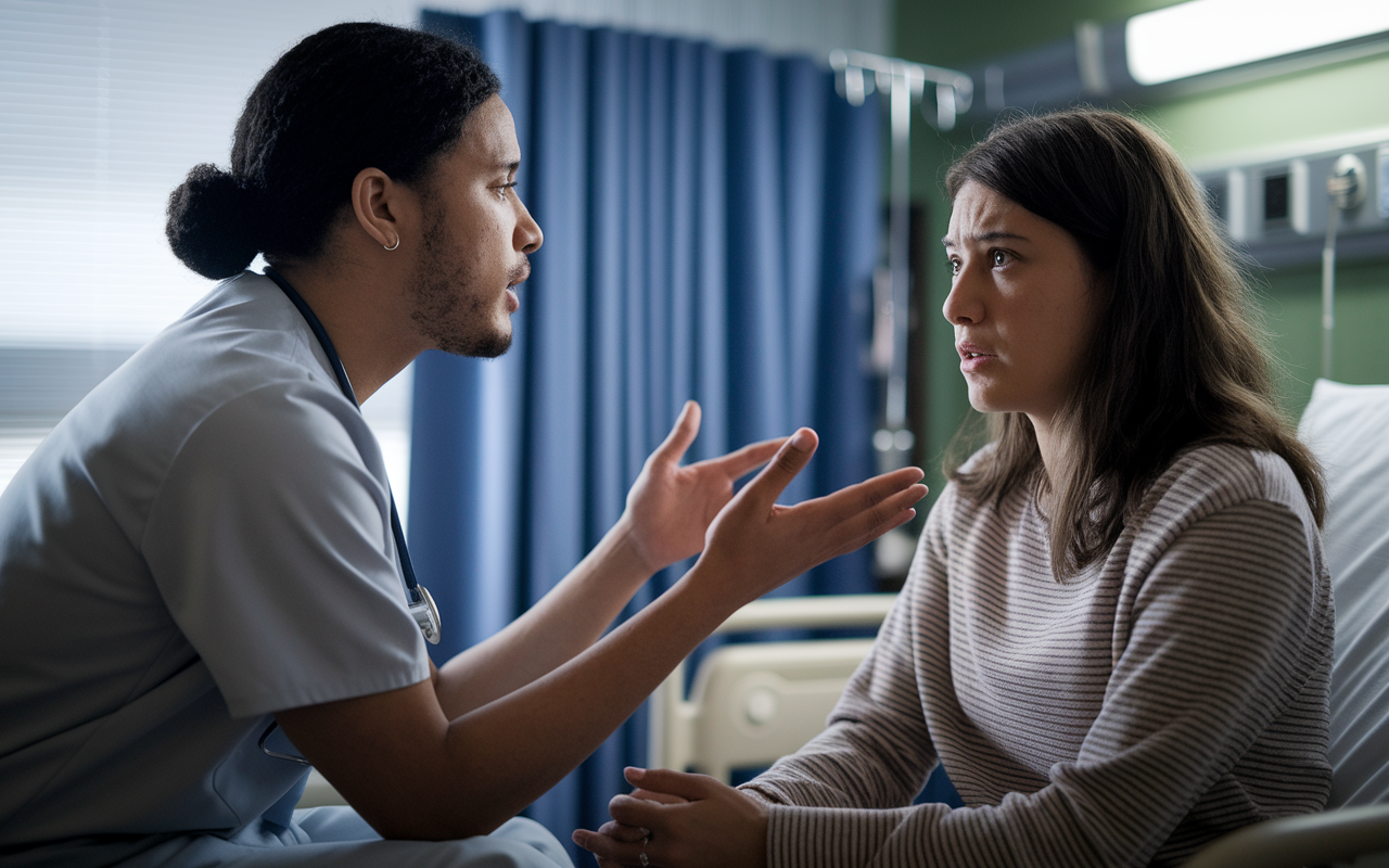 A poignant moment captured in a hospital room where a resident gently conveys a difficult diagnosis to a young woman, using calm body language and an empathetic expression. The patient looks worried but is visibly comforted by the resident's sincere approach. The soft lighting in the room creates an intimate atmosphere, reflecting the emotional weight of the conversation. The scene encapsulates the essence of effective communication in delivering tough news with compassion.