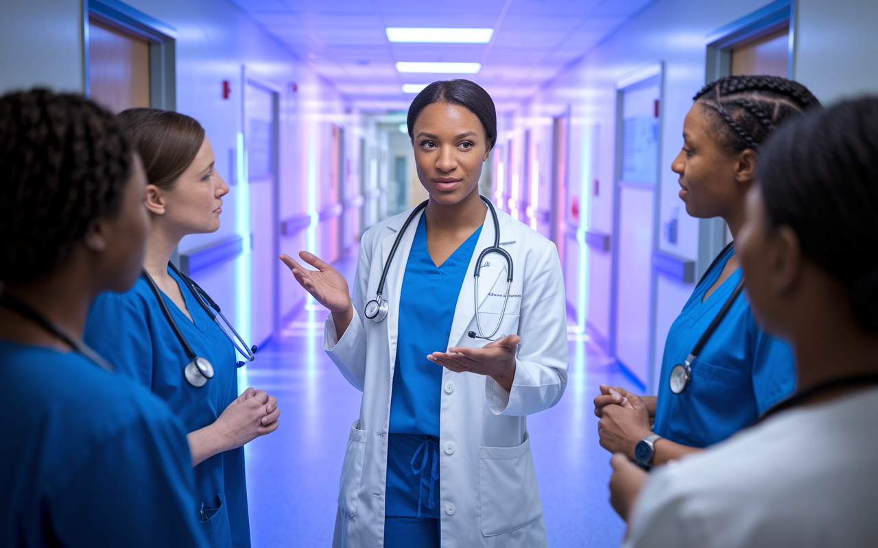 A confident medical resident standing in a hospital corridor, discussing a patient case with a group of fellow residents. Her posture is assertive, and she gestures positively as she shares insights. The hallway is lively, filled with healthcare activity and dynamic lighting, highlighting the importance of collaboration. The scene represents empowerment, professional growth, and the enhancement of communication skills within a residency program.