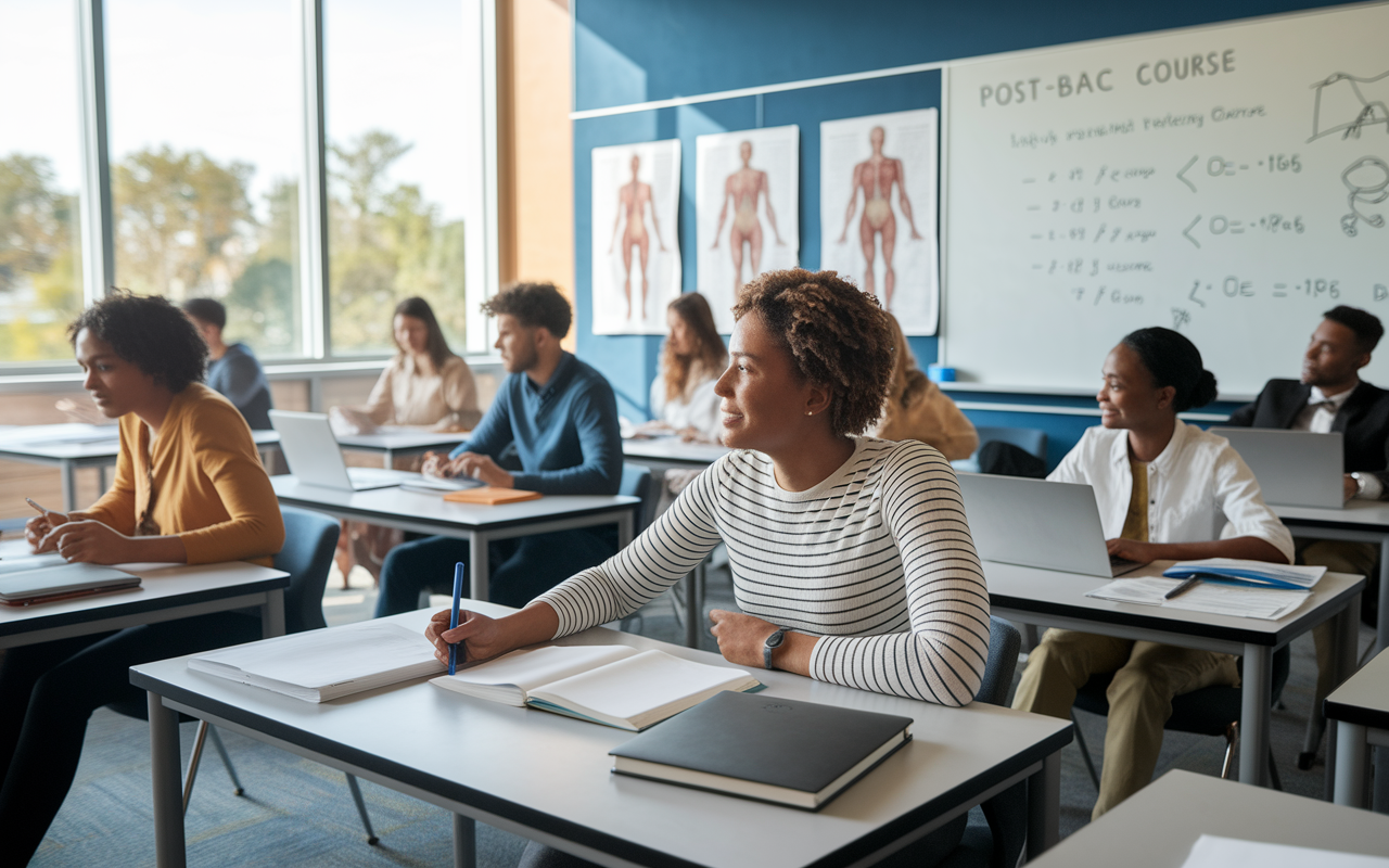 A vibrant classroom scene with diverse students engaged in a post-bac course, seated at desks filled with textbooks and laptops, a whiteboard with complex scientific equations in the background. Soft natural light streams through large windows illuminating determined faces, showcasing a supportive learning environment. Charts of human anatomy and molecular structures are visible around the classroom, emphasizing the academic rigor of medical studies.