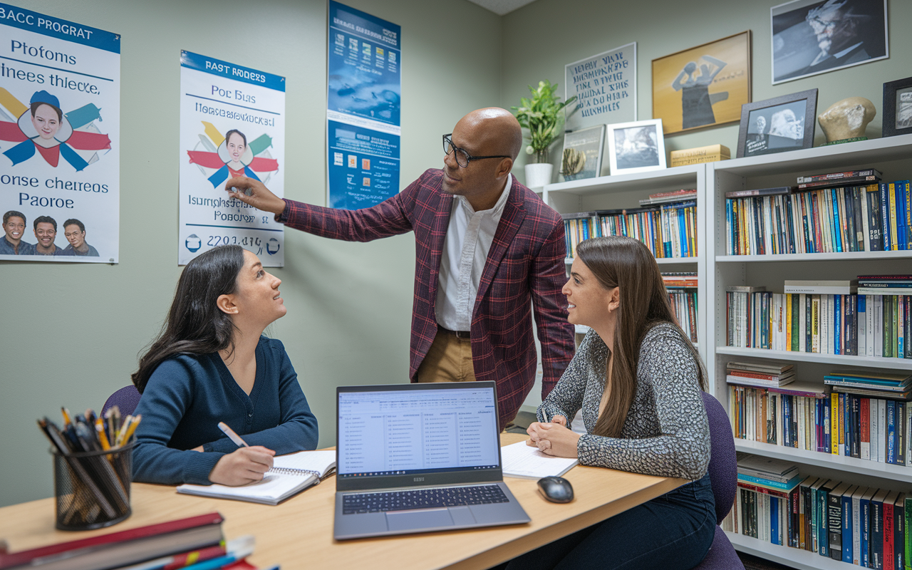 An advisor's office with a student discussing course options for a post-bacc program. The room is filled with educational posters on the walls, a desk with a laptop reflecting course lists, and a bookshelf stocked with medical textbooks. The advisor is pointing at a colorful chart on a wall while the student takes notes, showcasing a collaborative and informative environment.