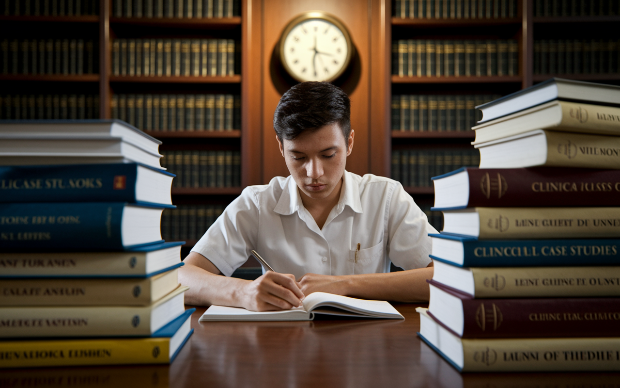 An image of a medical student studying in a quiet library, surrounded by stacks of medical textbooks and clinical case studies. The student has a focused expression, highlighting a moment of deep concentration under warm, golden lighting. A vintage clock on the wall indicates the late hour, enhancing the ambiance of dedication and hard work in pursuing a medical career.