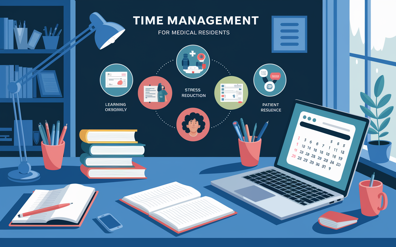 An informative infographic-style image illustrating the benefits of time management for medical residents. The visual features a serene and organized workspace with a digital calendar on a laptop, a checklist of tasks, and images representing learning, stress reduction, patient care, and resilience. The overall atmosphere is calm and orderly, with soft lighting that conveys a sense of control and efficiency. Style: infographic design with clean lines and modern aesthetics.