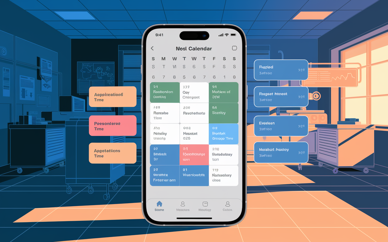 An artistic rendering of a digital calendar interface on a smartphone, displaying a well-organized schedule for a medical resident, highlighting various tasks like rotations, meetings, and personal time. The background includes elements of a hospital environment such as medical equipment and charts, symbolizing the integration of technology in managing time effectively. The lighting is soft and optimistic, conveying a sense of clarity and organization. Style: modern digital art.