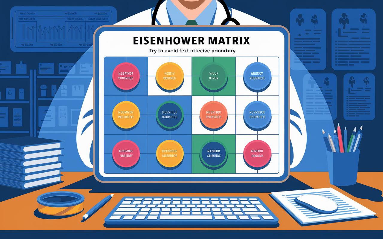 A detailed illustration depicting the Eisenhower Matrix framework with magnetic labels for each quadrant, displayed on a doctor's desk. The background includes medical equipment and patient charts, indicating a medical environment. The scene conveys a sense of order and clarity, with bright lighting highlighting the importance of effective prioritization. Style: infographic style, colorful and engaging.