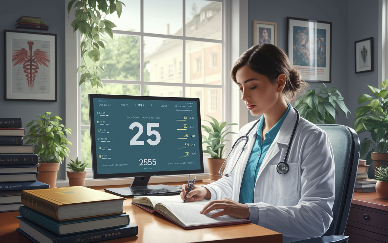 A vibrant digital painting illustrating a medical resident in a study space using the Pomodoro Technique, with a timer counting down 25 minutes. The setting includes books scattered around, a calming environment with plants, and the resident focused and diligent. The atmosphere is bright and motivating, showcasing the benefits of focused work intervals. Style: inspirational digital art.