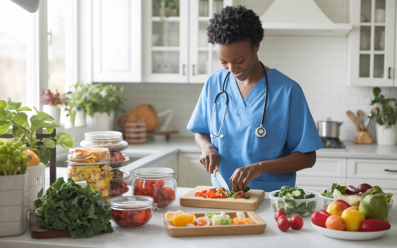 A well-organized kitchen scene showing a medical resident preparing healthy meals for the week. The countertops are filled with meal prep containers, colorful fruits, and vegetables, as well as healthy snacks in clear jars. The resident is focused on chopping vegetables, with a vibrant and inviting kitchen atmosphere. Natural light streams in, emphasizing the importance of nutrition in a busy lifestyle. Style: bright and cheerful digital art.