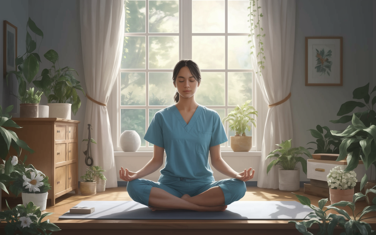 A serene morning scene capturing a medical resident engaging in a positive morning routine, such as yoga or meditation, with sunlight filtering through the window. The room is peaceful and organized, with hints of nature outside, reflecting the importance of self-care before a busy day. The atmosphere is calm and rejuvenating, inviting peace to the start of the day. Style: soft and tranquil digital painting.