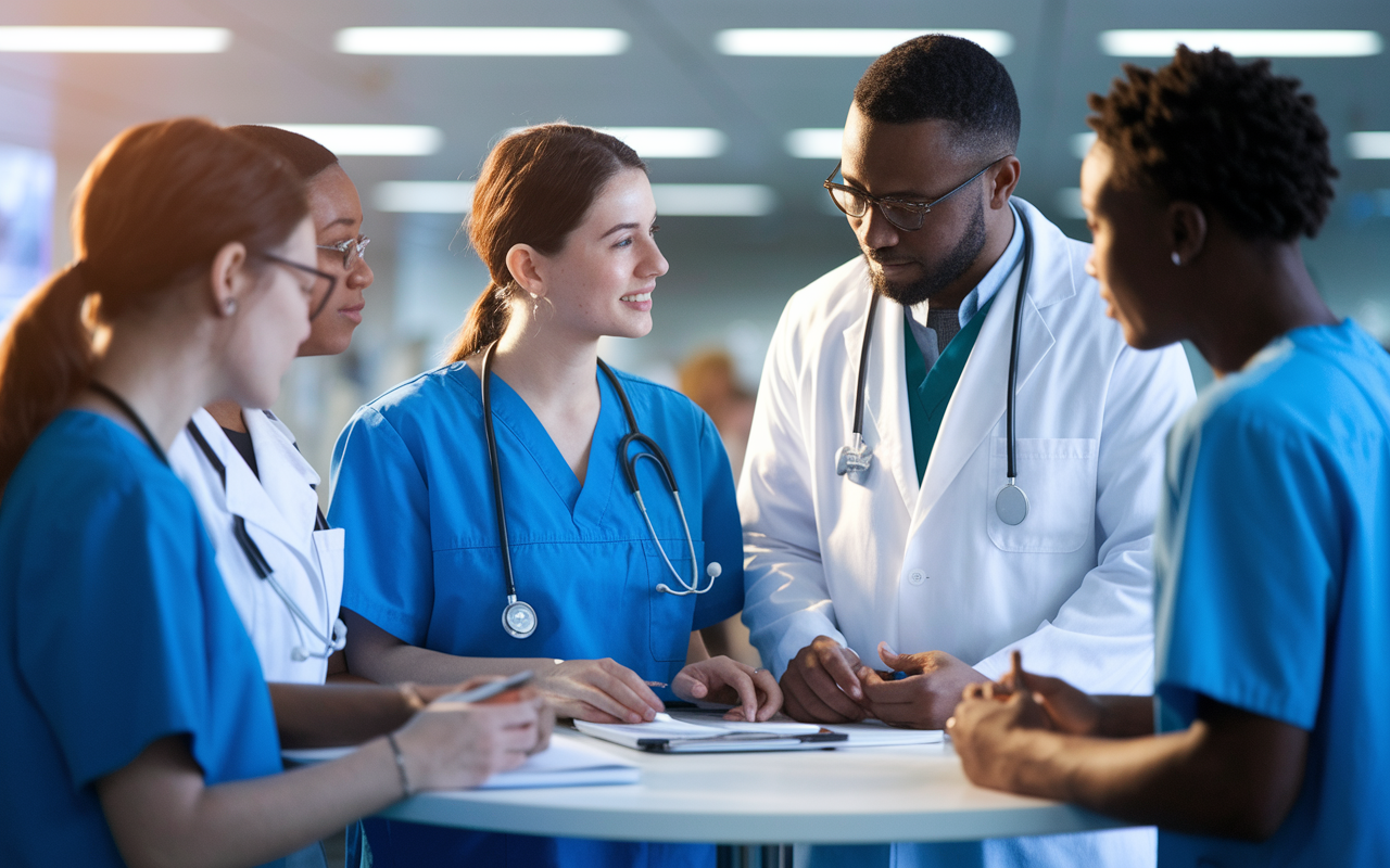 An engaging scene depicting a team of medical residents working collaboratively in a vibrant hospital environment, with one resident mentoring students while discussing patient care. The atmosphere is supportive and dynamic, showcasing teamwork in a busy setting. Soft lighting adds warmth to the image, emphasizing the importance of collaboration. Style: photo-realistic with a focus on teamwork.