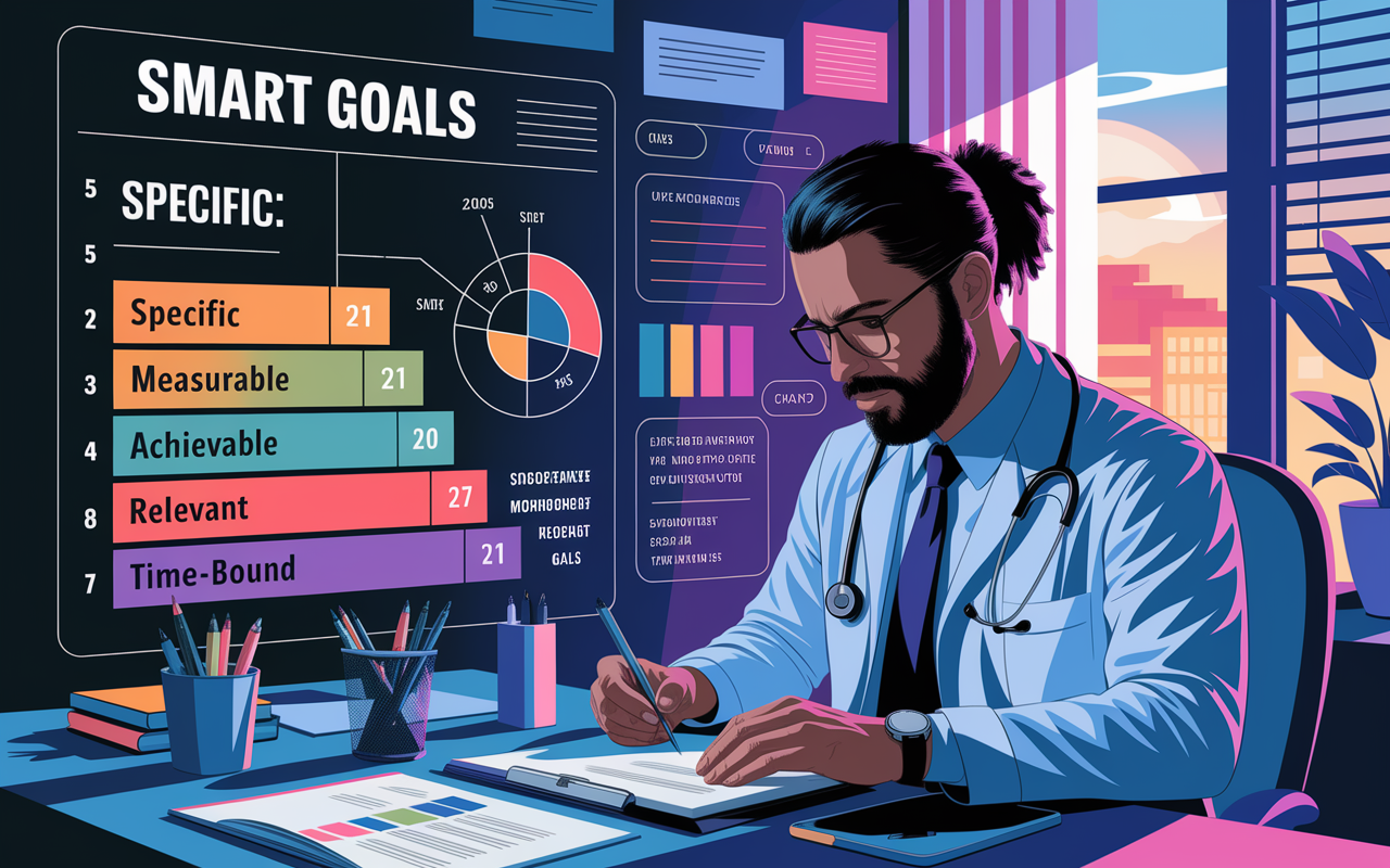 An illustrative graphic showing a medical resident working on setting SMART goals, with a visual chart displaying the breakdown of specific, measurable, achievable, relevant, and time-bound goals. The environment is focused and productive, with hints of motivational quotes and a vibrant workspace. The lighting is bright and inspiring, suggesting ambition and clarity. Style: motivational digital art.