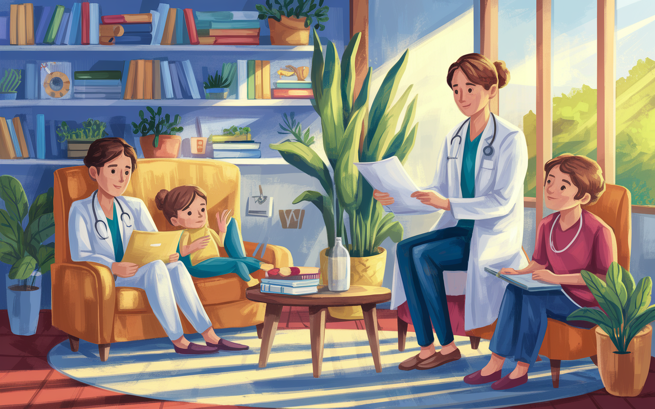 A balanced and fulfilling lifestyle scene showing a medical resident successfully managing their work-life, engaging in patient care, studying at home, and spending time with family. Elements of wellness, organization, and professionalism are highlighted, creating a harmonious atmosphere. Soft lighting enhances the warmth of the setting, promoting the idea of balance and fulfillment. Style: heartwarming digital painting.