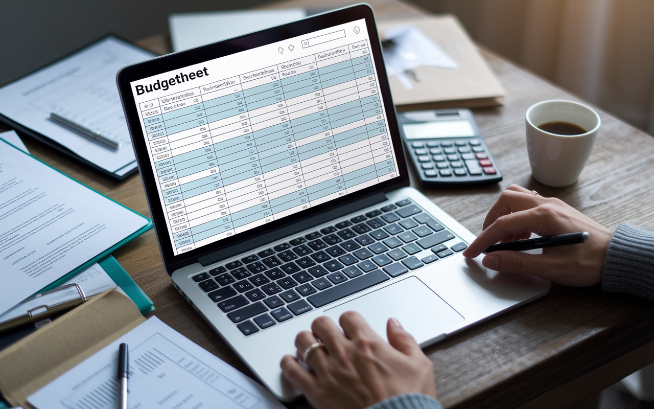 A well-organized budgeting spreadsheet laid out on a laptop screen, displaying clear categories for living expenses such as rent, utilities, and groceries. Surrounding the laptop are various financial documents, a calculator, and a cup of coffee, illuminated by soft overhead lighting, giving a sense of a cozy financial planning environment.