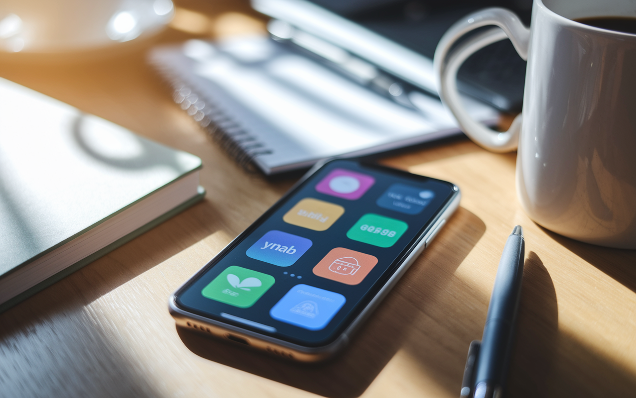 A close-up view of a smartphone screen displaying budgeting apps like YNAB and Mint, with colorful user interfaces. The phone is sitting on a wooden table surrounded by budgeting-related items like a pen, notebook, and coffee mug, with natural daylight streaming in, evoking a productive planning atmosphere.