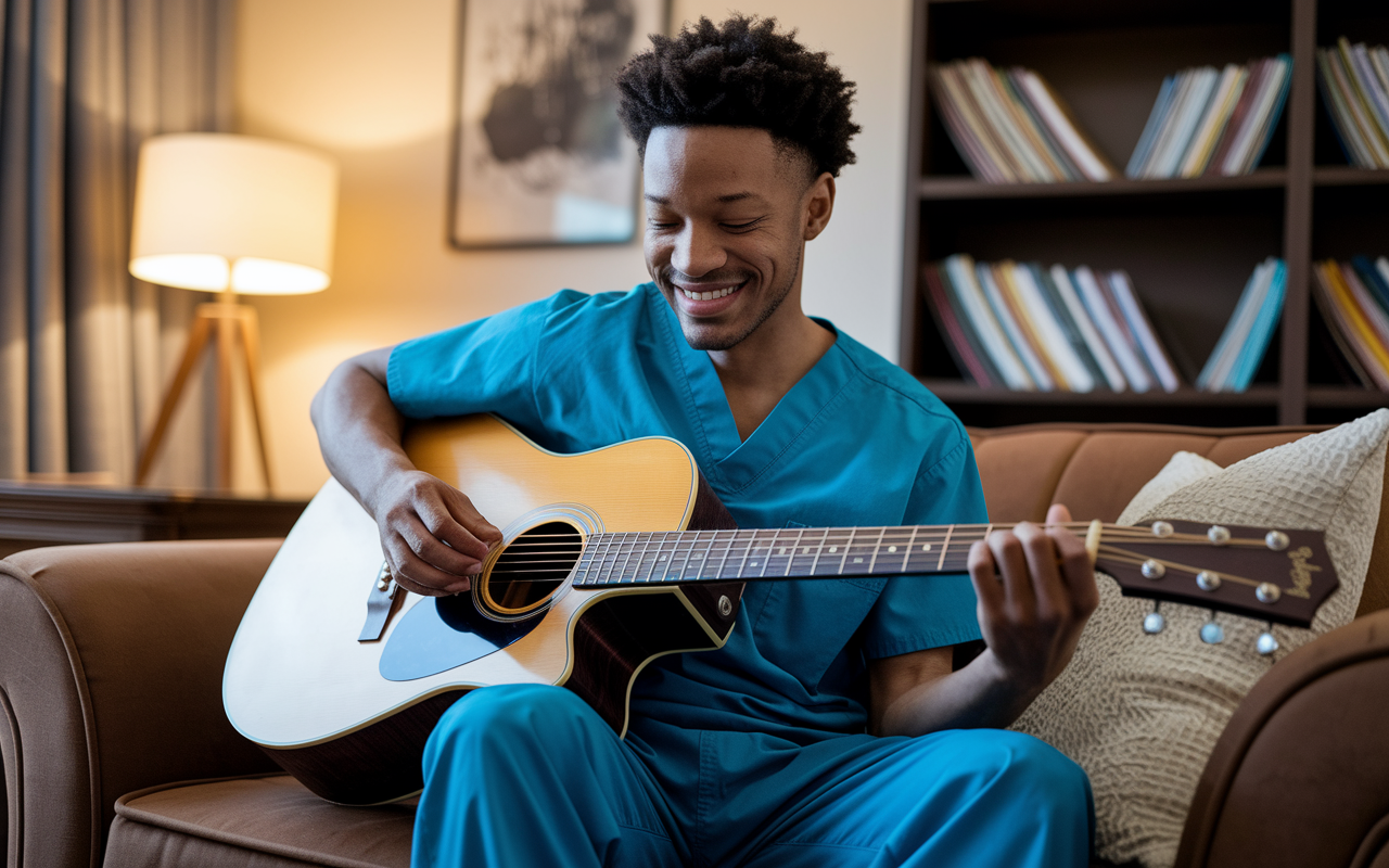 An inviting room with a cozy atmosphere where a medical resident, in scrubs, is smiling while engaging in a relaxing hobby such as playing an acoustic guitar. The setting includes warm lighting, plush furniture, and medical books on a shelf, depicting a blend of work and personal life. Feelings of relaxation and joy emanate from the scene, emphasizing the healing power of music and leisure activities amidst the stress of medical training.