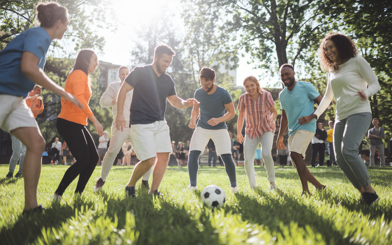 A group of diverse medical residents playing soccer in a vibrant park setting, laughing and enjoying their game. The bright sunlight beams down on the field filled with greenery and onlookers, emphasizing camaraderie and teamwork. The scene captures the joyful atmosphere and the important role of physical activity and social bonds in maintaining well-being during the demanding times of residency.