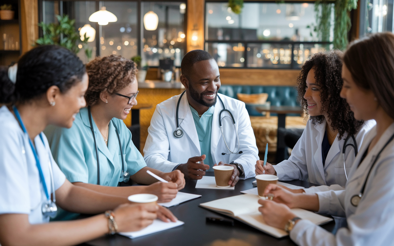 A group of medical residents gathered around a table in a cozy café, sharing a moment of creativity while writing and discussing ideas for a blog. The warm ambiance is enhanced by coffee cups and an inviting décor. The residents, diverse in ethnicity, showcase collaboration and camaraderie, emphasizing the importance of connecting through shared interests and fostering professional relationships through hobbies.