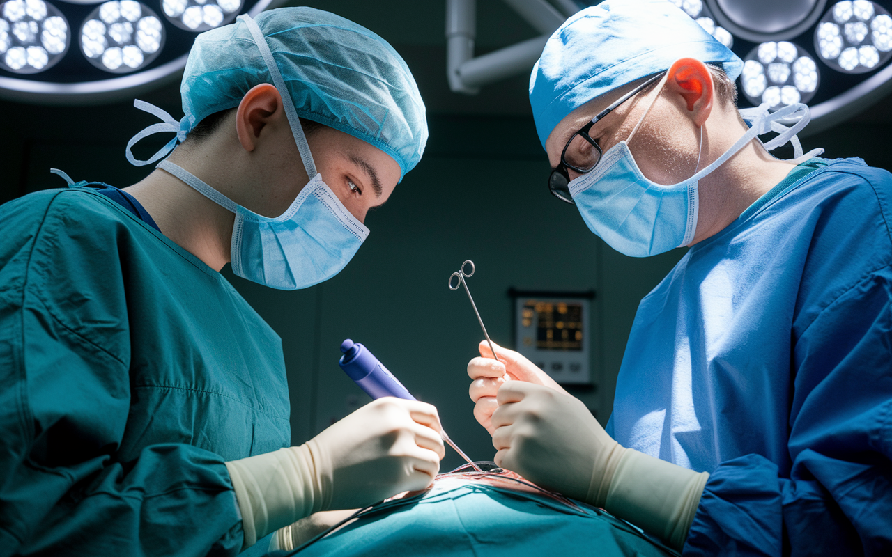 A young surgical resident in an operating room, performing a laparoscopic procedure under the guidance of a senior surgeon. The senior surgeon is providing real-time feedback on technique, explaining safety measures and procedure nuances. The room is filled with surgical lights and equipment, emphasizing the high-stakes environment, with a close-up view focusing on the concentration and determination on the resident's face.