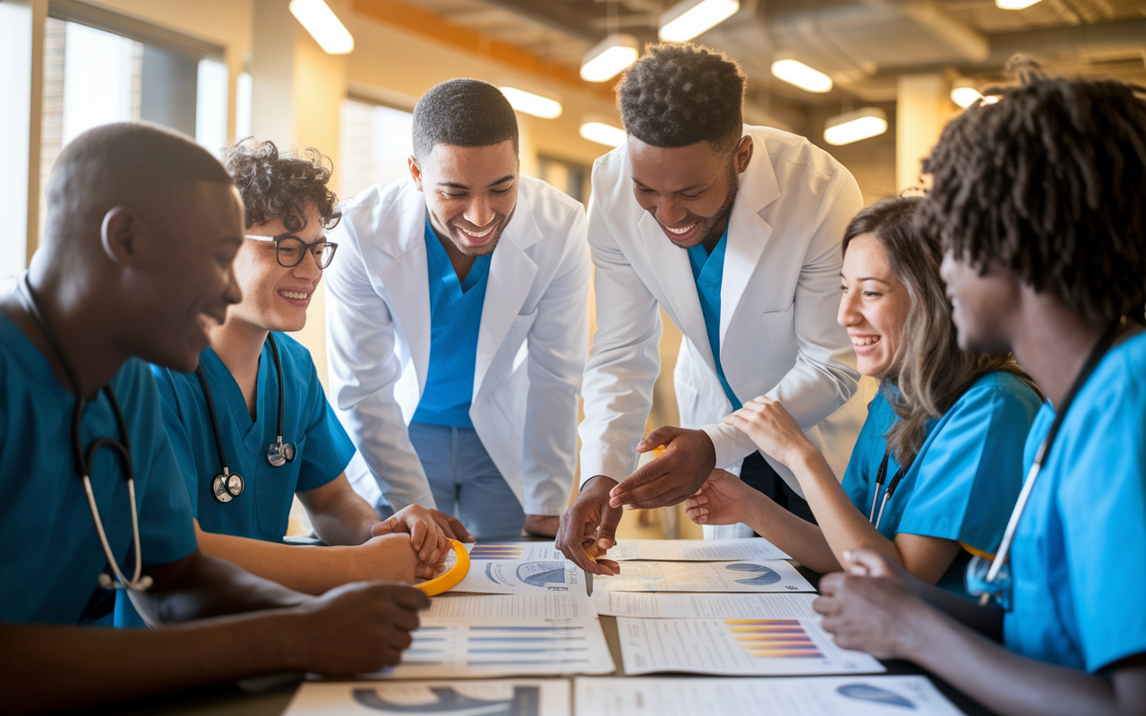 A group of young medical residents gathered in a collaborative workspace, engaging in a peer feedback session. They are animatedly discussing a clinical case, with charts and visual aids spread across the table. The environment is vibrant and supportive, filled with laughter and encouragement, showcasing camaraderie and teamwork in their medical training. Warm lighting enhances the inviting atmosphere.