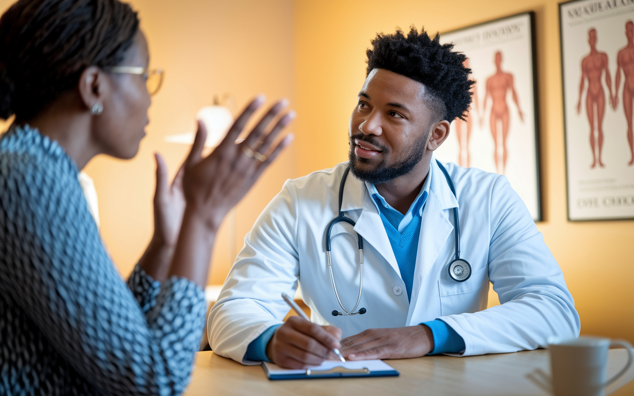 A medical resident in a consultation room, actively listening to a patient, taking notes while showing empathy. The patient is speaking, clearly expressing their concerns, while the resident maintains eye contact. The room is warmly lit, adorned with medical posters, emphasizing a reassuring and professional atmosphere conducive to open communication.