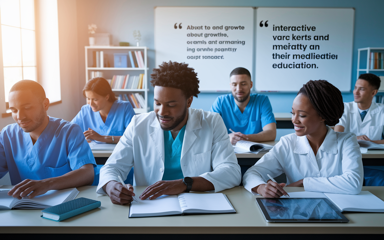 A serene classroom setting where a diverse group of medical residents are engaged in a dynamic learning session. They are surrounded by books, a whiteboard displaying motivational quotes about growth and learning, and a tablet showing interactive case studies. The atmosphere radiates enthusiasm and dedication, highlighting the residents' commitment to their medical education, bathed in soft, inspiring lighting.