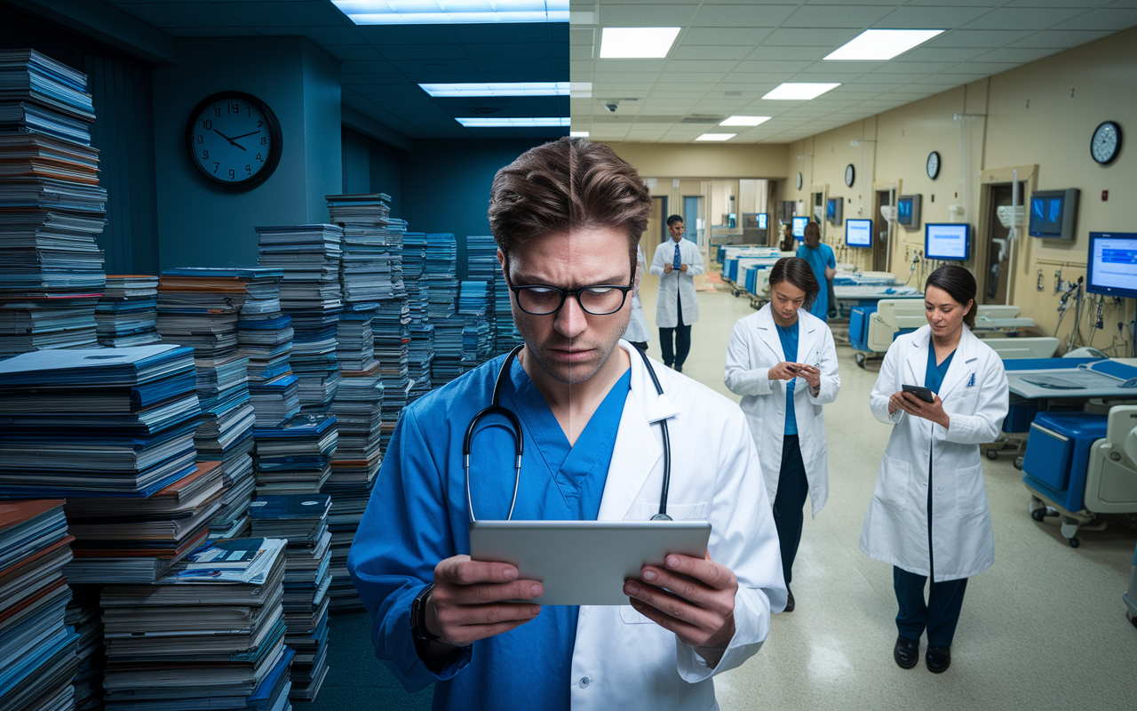 A split scene showing the challenges of medical residency. On one side, a fatigued resident surrounded by towering stacks of paperwork in a dimly lit room paired with a clock showing late hours. On the other side, a bustling hospital ward with doctors and staff communicating effectively via smartphones and tablets. The contrasting environments emphasize stress versus efficiency, capturing the emotional weight of residency life. Use dramatic lighting to enhance the sense of urgency and pressure.