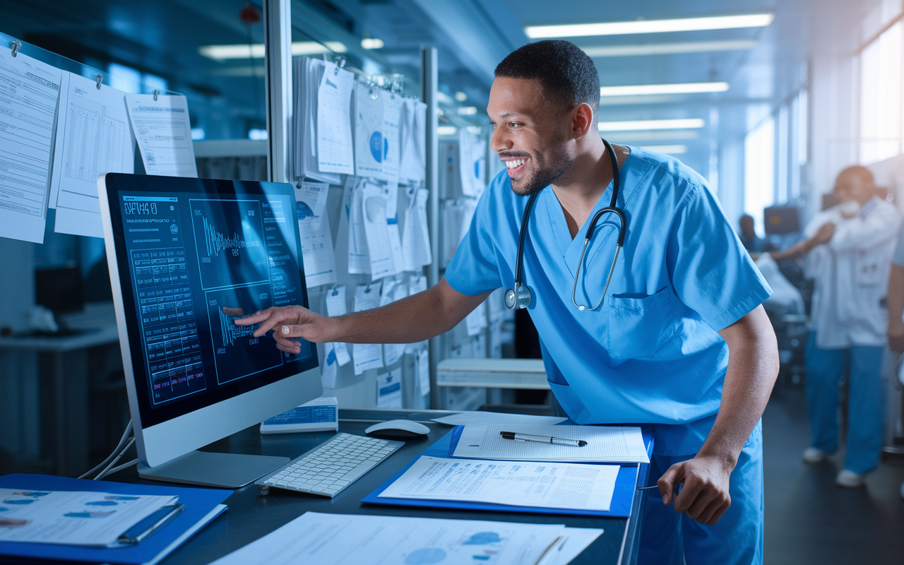 A medical resident in a busy hospital room enthusiastically using an Electronic Health Records (EHR) system on a computer. Papers and charts are neatly organized in the background. Various graphs, patient data, and a chat window with another medical professional are visible on the screen. The setting conveys a high-tech environment, with bright lighting emphasizing the modern tools in use. The atmosphere is one of collaboration and efficiency.