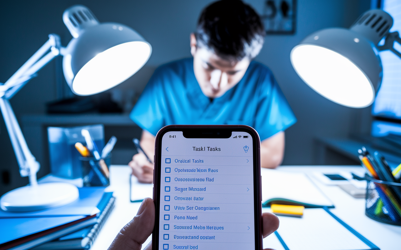 A close-up view of a smartphone screen displaying a task management app with an organized list of medical tasks. The background features a focused medical resident in scrubs jotting down notes at a desk cluttered with medical textbooks and equipment. Bright desk lights emphasize the importance of organization and focus. The atmosphere is one of productivity and dedication.