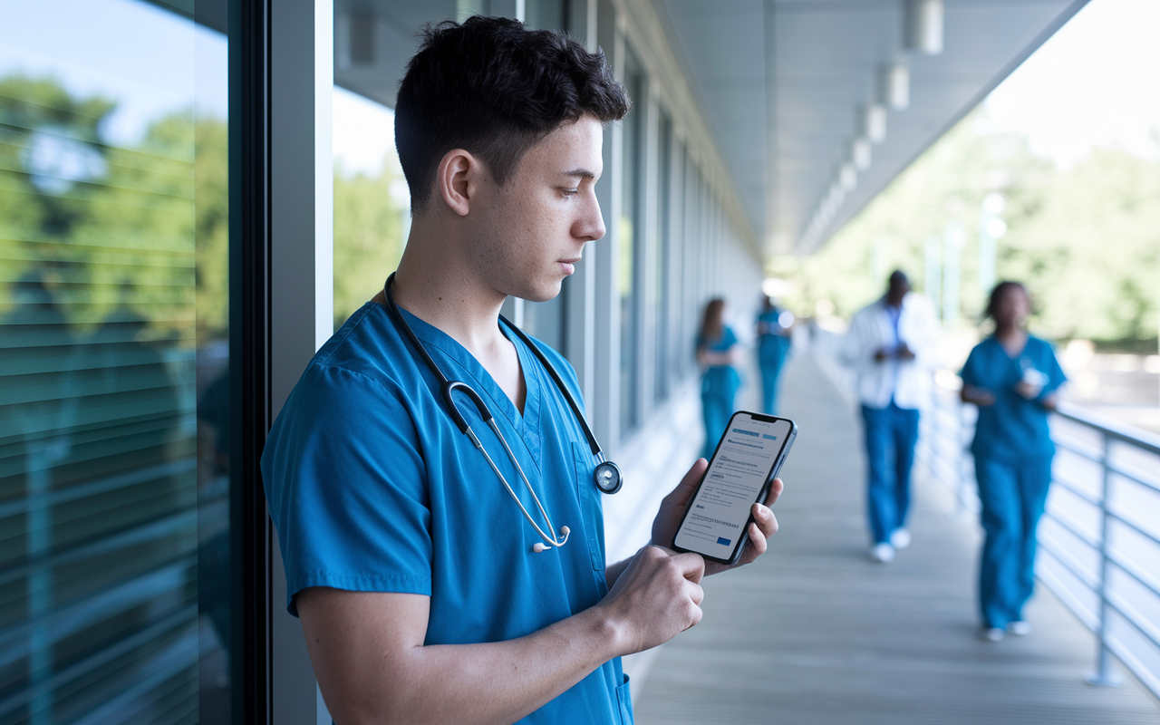 A young medical resident using a medical reference app on a smartphone while standing outside a patient's room, pondering treatment options. The smartphone screen displays a medical reference guide, while the hospital corridor bustles in the background. The scene highlights modern medical practice's reliance on technology for quick decision-making. Natural lighting enhances a focused and contemplative atmosphere.