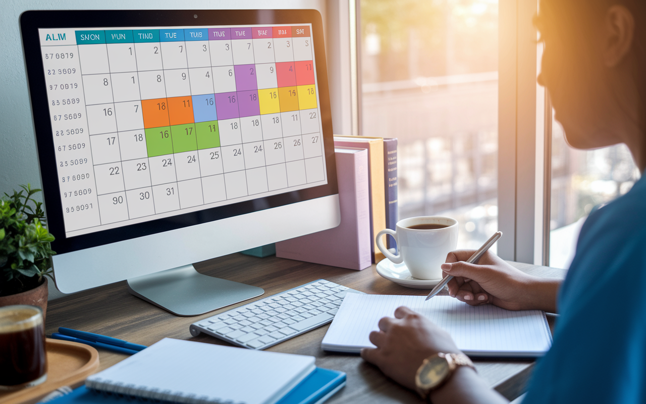 A computer screen showing a color-coded calendar filled with scheduled activities. Next to it, a resident takes notes with a notepad, surrounded by medical reference books and coffee, illustrating the balance between studying and patient care. Bright sunlight filters through a window, conveying a structured and organized day ahead.