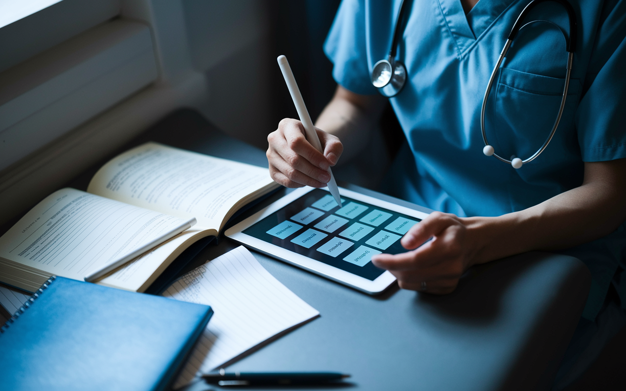 A medical resident in a quiet nook of the hospital utilizing a flashcard app on a tablet. Notes and medical textbooks are placed around, with a focused expression as they study. The lighting is soft, creating an intimate and concentrated study atmosphere. Elements of study materials and digital tools blend seamlessly, symbolizing modern learning practices.