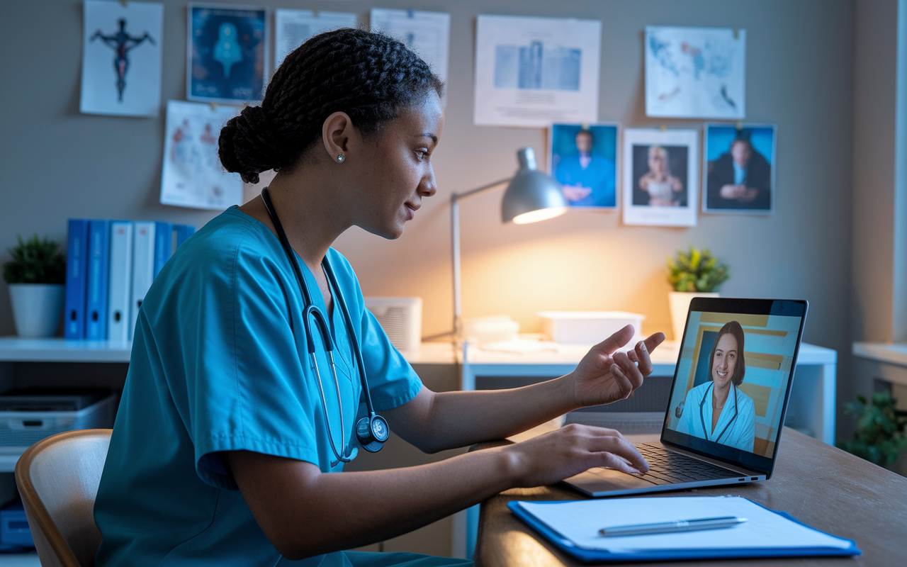 A resident conducting a telehealth consultation via a laptop, engaging with a patient through a video call. The room is designed to feel welcoming with medical charts and patient information neatly organized in the background. The light from the screen casts a soft glow, symbolizing modern healthcare accessibility. The scene encapsulates the innovative blend of technology and patient care.