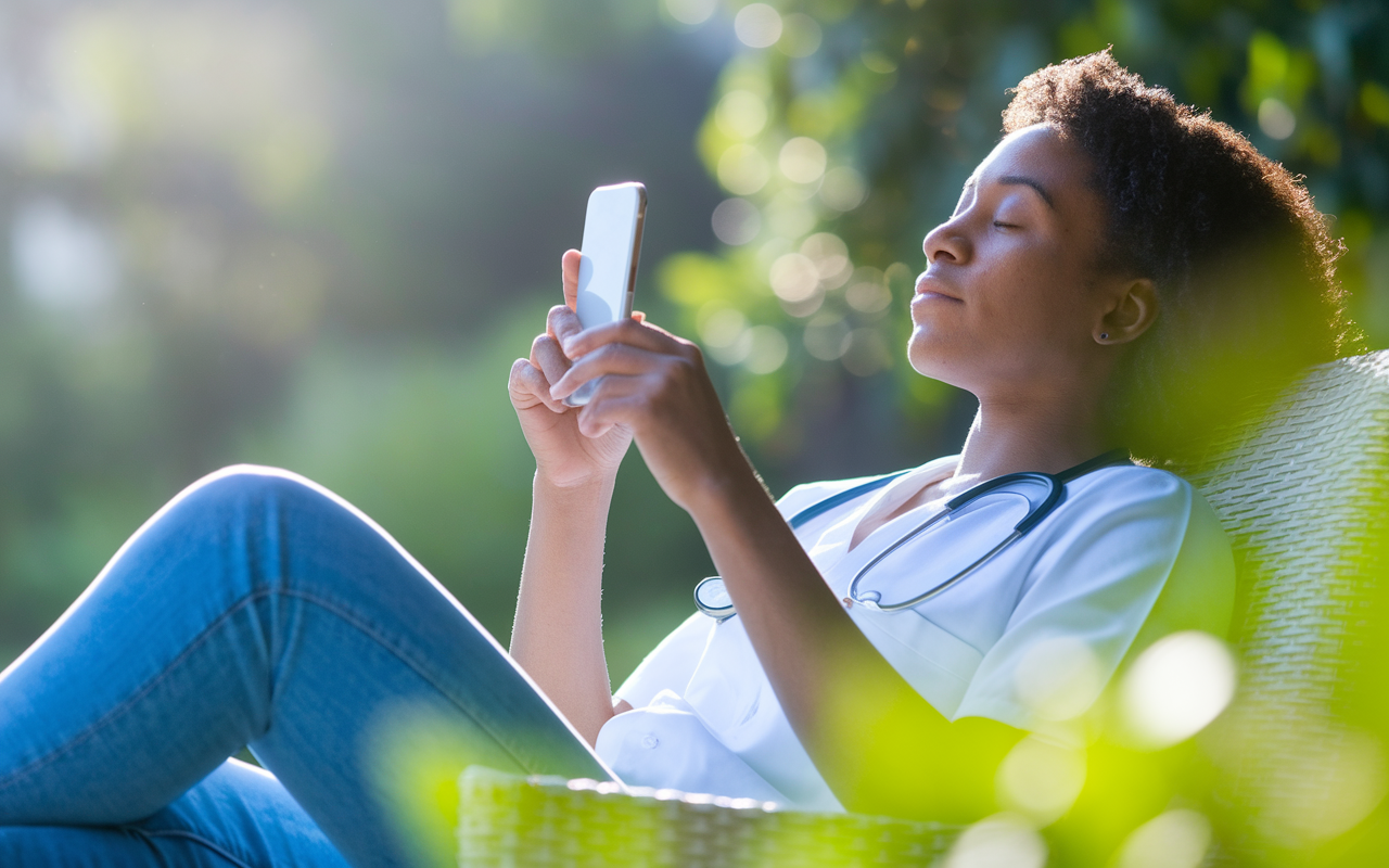 A medical resident relaxing outdoors while using a wellness app on their smartphone, showcasing meditation or exercise routines. The environment is tranquil, with greenery surrounding the resident, highlighting a moment of self-care amidst a busy schedule. Soft sunlight creates a serene atmosphere, promoting the importance of mental health and wellness in the demanding life of residency.