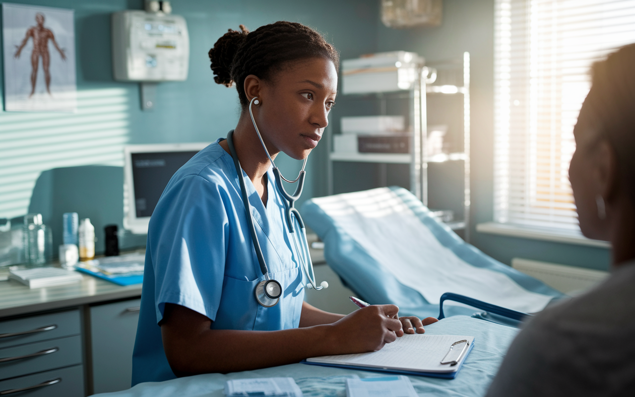 A medical resident in the midst of a busy day, examining a patient in an examination room. The resident wears a stethoscope around their neck, looking attentively at the patient while taking notes. The room is filled with medical equipment, charts, and soft sunlight streaming through a window, creating a reassuring environment. The scene conveys the seriousness and dedication required in patient care, showcasing a balance between professionalism and compassion.