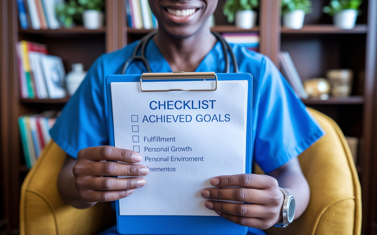 A close-up of a medical resident triumphantly reviewing a checklist of achieved goals on a clipboard. The resident is smiling, with a stethoscope draped around their neck, sitting in a cozy break room filled with medical books and personal mementos. The warm, pleasant lighting creates a sense of fulfillment and progress, symbolizing personal growth in the rigorous environment of residency.