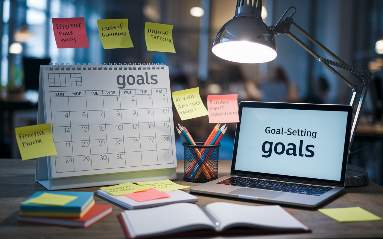 An organized workspace displaying a calendar with scheduled goals and tasks, alongside a laptop open to a goal-setting app. A bright desk lamp illuminates the area, creating a sense of productivity. Sticky notes with motivational messages and completed tasks are scattered about, portraying an inspiring environment that fosters effective goal-setting and achievement.