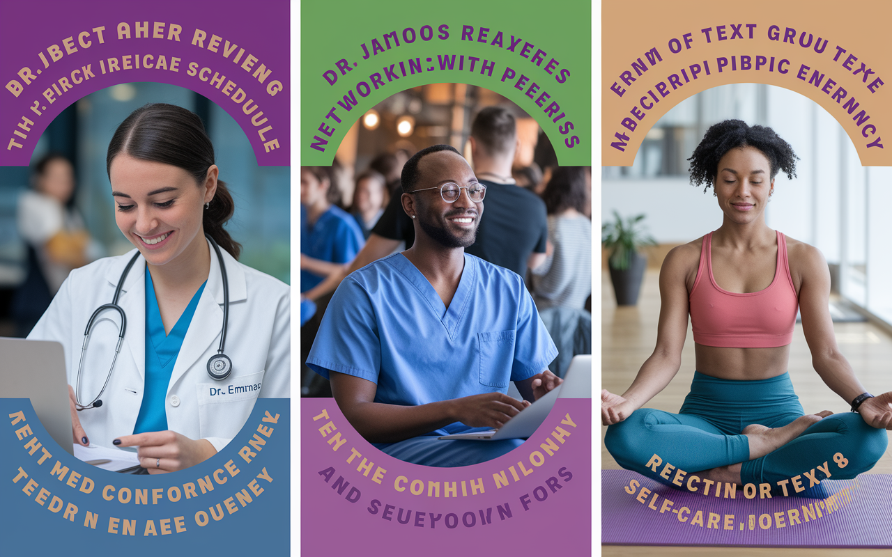 A collage of three images that depict medical residents celebrating their achievements. The first shows Dr. Emma smiling as she reviews her time management schedule. The second features Dr. James at a conference networking with peers. The third captures Dr. Sophia relaxed after a yoga session, reflecting on her self-care journey. Each scene is filled with vibrant colors and positive energy, symbolizing their personal growth and success in residency.