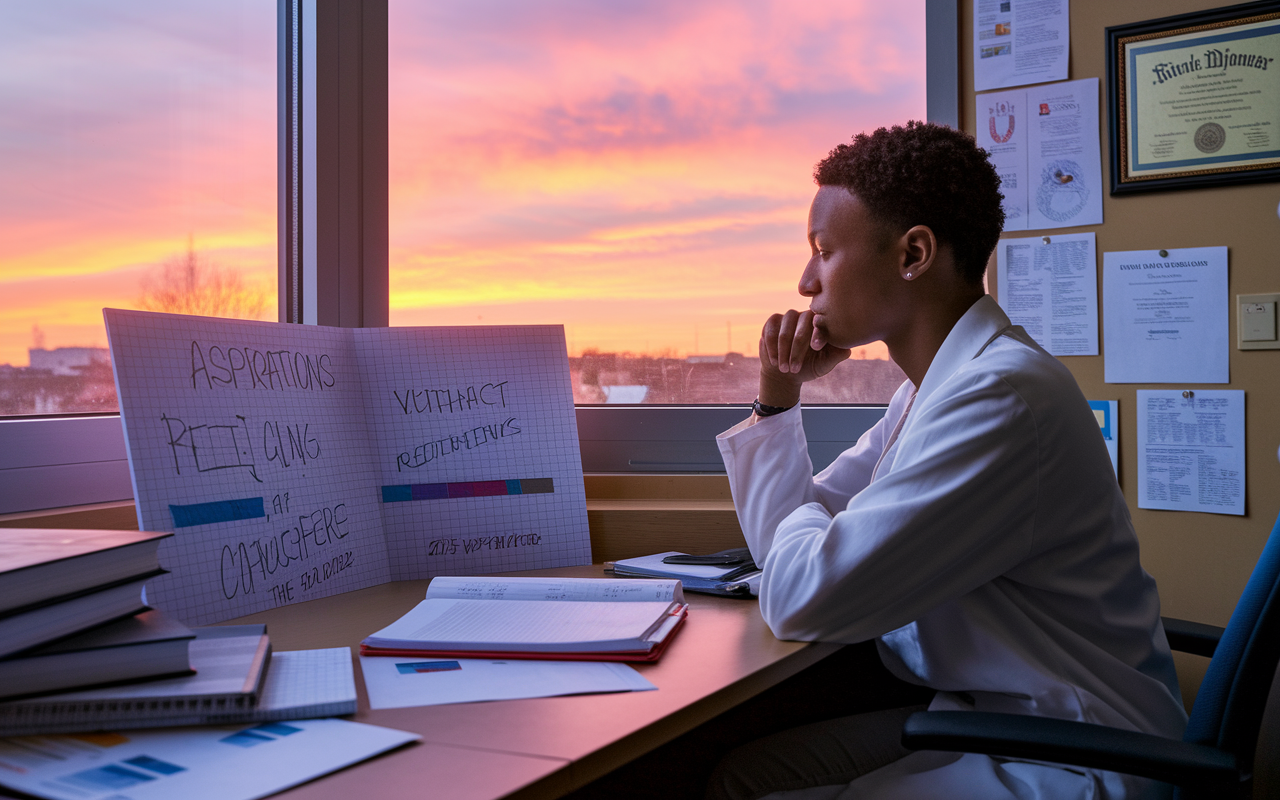 A serene sunset view outside the window of a medical resident's study room, where the resident is seated at a desk, looking thoughtfully at a vision board filled with aspirations and goals. The warm hues of the sunset cast a gentle glow on their focused expression, symbolizing hope and determination for a successful medical career. Books, medical charts, and a framed diploma are scattered around, showcasing the aspiring physician's journey ahead.