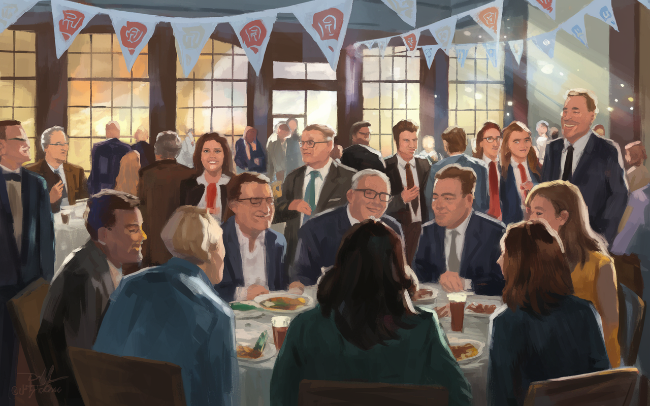 A heartwarming scene of former residents reconnecting at an alumni event. The venue is filled with banners and friendly smiles, showcasing a sense of nostalgia and shared experiences. Groups of residents share laughs and connections, with refreshments on tables as they engage in conversations. Soft evening light filters through large windows, enhancing the atmosphere of camaraderie and continuity. Digital painting style, capturing the warmth of professional bonds and shared journeys.