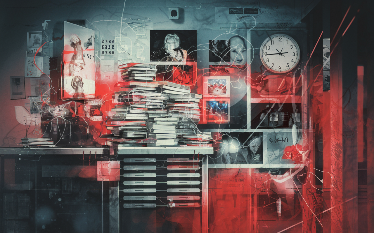 An artistic collage featuring a chaotic medical workspace, with a clock showing late hours, textbooks piled high, emotional visuals like a heart monitor beeping, and personal images representing strained relationships. The background is slightly blurred to convey a sense of urgency and pressure. Bright red and dark blue color schemes enhance the feelings of stress and exhaustion.