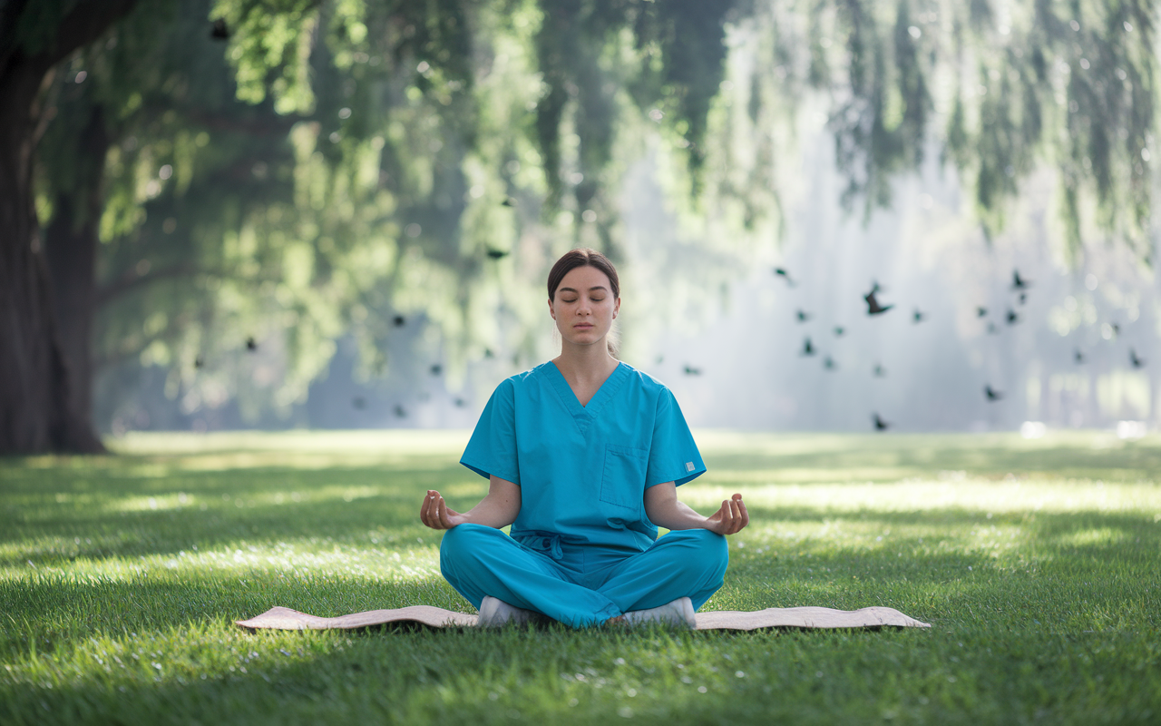 A medical resident in scrubs meditating in a peaceful outdoor park, surrounded by lush greenery and soft sunlight filtering through the trees. The scene evokes tranquility, with birds chirping in the background and the resident sitting cross-legged on a mat, eyes closed, embodying a moment of calm amidst a hectic lifestyle. Relaxing, pastel colors enhance the sense of peace.