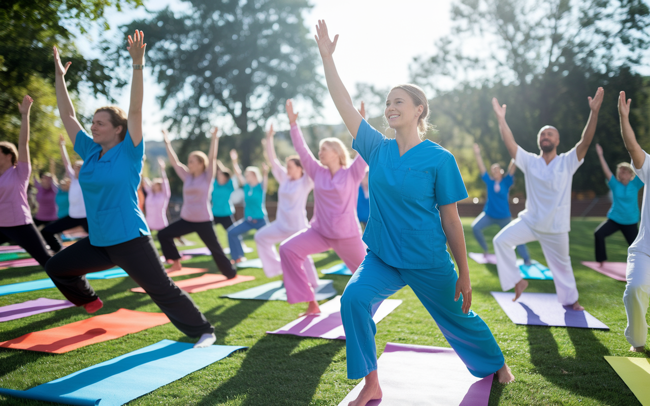 A group of medical residents participating in a lively outdoor yoga class led by an instructor on a sunny day. They are enthusiastic and engaged, with colorful yoga mats spread out on a grassy field, and their scrubs slightly wrinkled from the activity. The atmosphere is bright and cheerful, capturing a sense of community and relaxation amid their busy schedules.