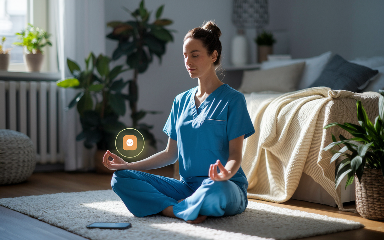 A serene scene depicting Sarah, a surgical resident, sitting on her bedroom floor in meditation attire, with a soft sunlight illuminating the space. She is peacefully meditating, surrounded by plants and a calming atmosphere. An app notification appears gently glowing on her phone, indicating her commitment to mindfulness. The room is organized yet comfortable, inviting a sense of tranquility.