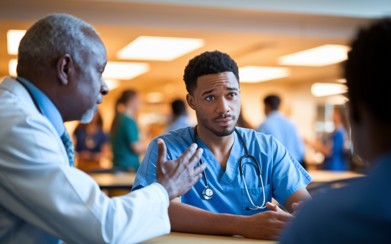 A medical resident looking anxious while seated at a hospital cafeteria table, engaged in a heartfelt conversation with a mentor. The mentor, an older physician, offers reassurance, with a concerned expression, while the hospital background is bustling with other residents and healthcare professionals. The lighting is warm, creating an atmosphere of comfort and support.