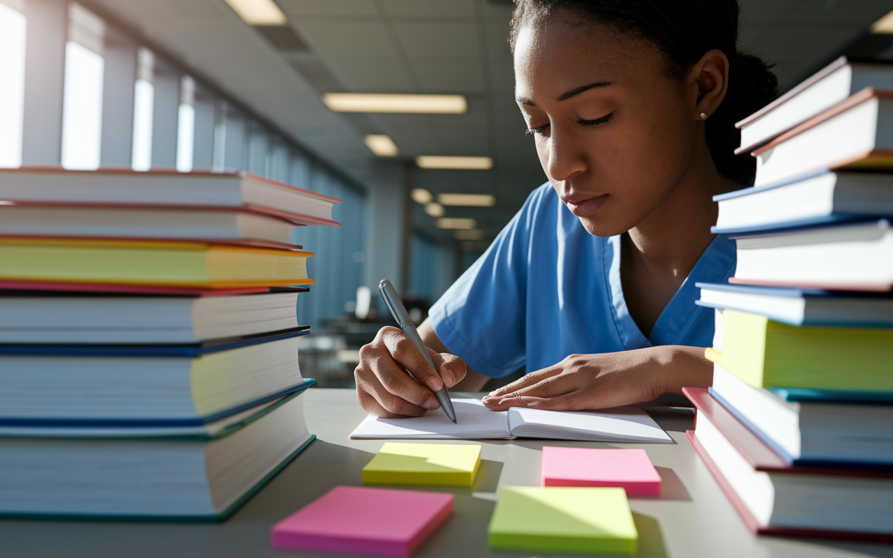 A close-up of a young resident sitting in a hospital library, jotting down notes with a focused expression. Surrounding her are medical textbooks stacked with colorful post-it notes. The sunlight filters through a window, casting soft light on her determined face, illustrating the journey of self-improvement in a high-pressure environment.