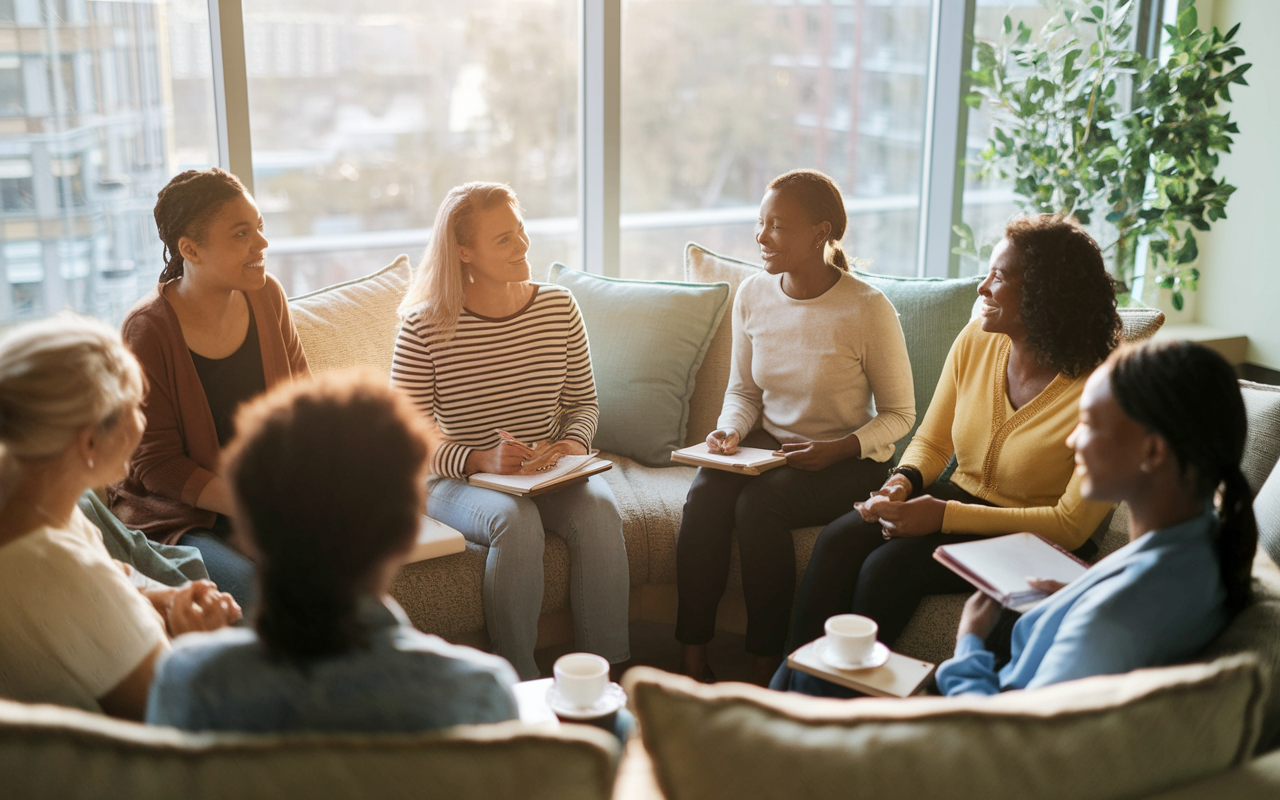 A warm scene in a sunlit hospital conference room, where a group of residents of diverse backgrounds are seated in a circle sharing experiences. Each person looks engaged and supportive, with cozy cushions and soft lighting providing a serene atmosphere. Visible notebooks and tea cups symbolize the sharing of knowledge and self-care, fostering a sense of community in challenging times.